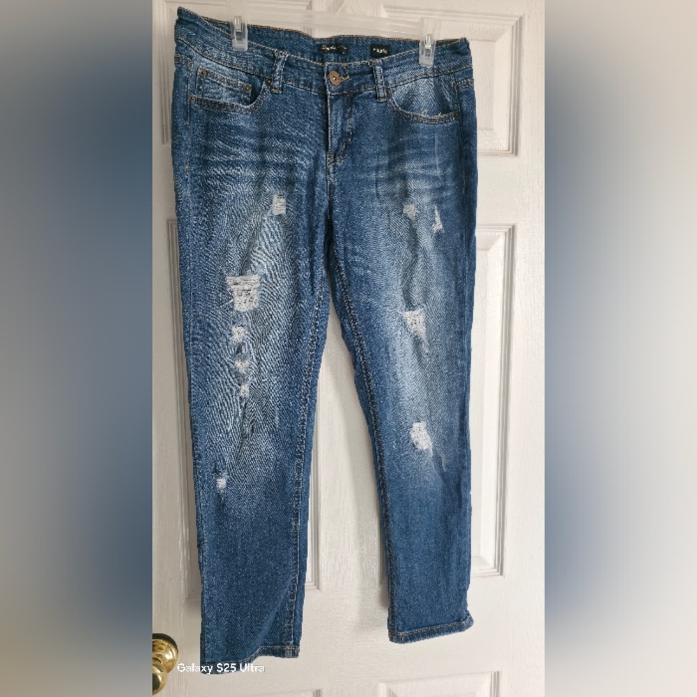 Womens Distressed Straight Leg Jeans - Blue